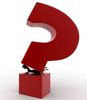 3d woman under pressure of big question mark concept on white background, side angle view