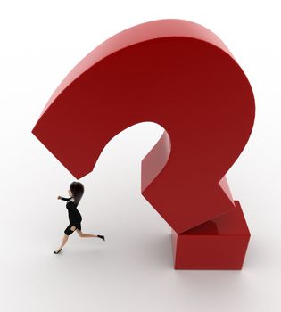 3d woman running from falling question mark concept on white background, side angle view