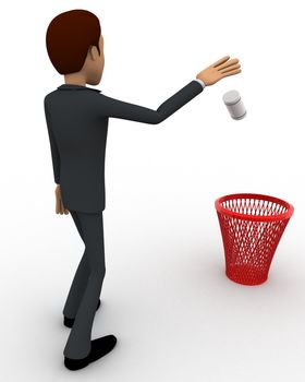 3d man throwing paper in dustbin concept on white background, left side angle view