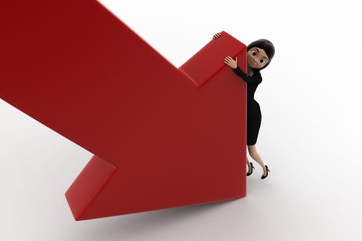 3d woman try to hold falling arrow graph concept on white background, top angle view