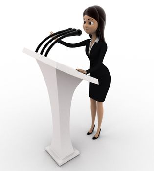 3d woman giving speech on stage concept on white background, side angle view