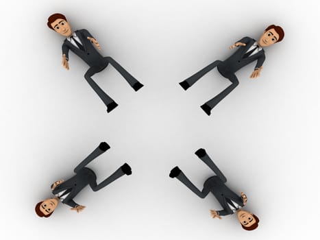 3d four men about to catch falling object concept on white background, top angle view