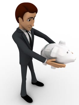 3d man holding piggybank in hand concept on white background, side angle view