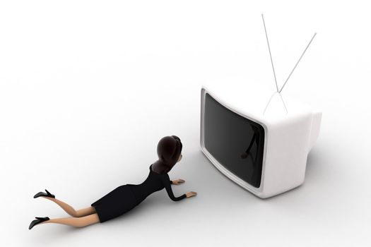 3d woman lying on floor and watching tv concept on white background, top angle view
