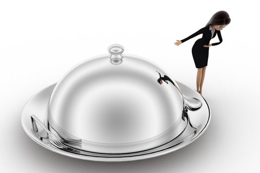 3d woman welcome and present big dish with food concept on white background,  side angle view