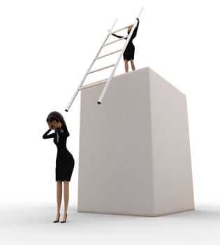 3d woman hit another woman with stairs from height concept on white background, front angle view