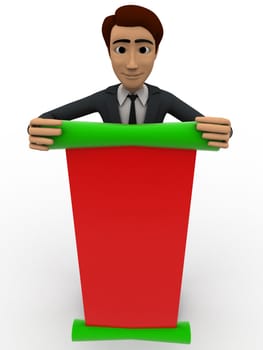 3d man with green and red paper scroll message concept on white background, front angle view
