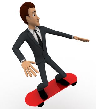 3d man jumping with red skateboard concept on white background,  side angle view