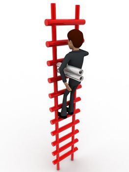 3d man climbing stairs with paper scroll concept on white background, side angle view