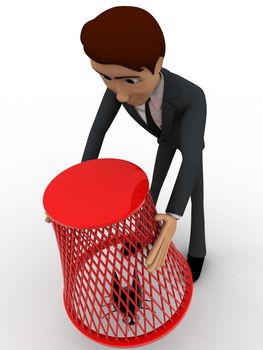 3d man catching flying bug with dustbin net concept on white background, top angle view