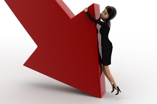 3d woman try to hold falling arrow graph concept on white background, front angle view