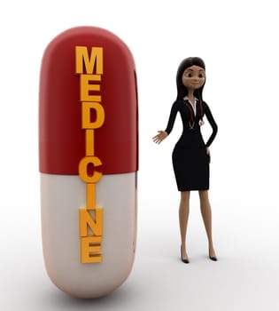 3d woman with medicine capsule concept on white background, front angle view