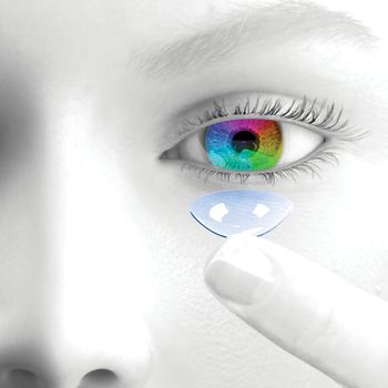 A woman puts a contact lenses. 3d render. Face is greyscale. The iris and the lens are colored.
