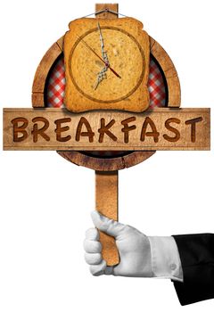 Hand of chef holding a wooden sign with a rusk in the shape of clock and text Breakfast. Isolated on white background