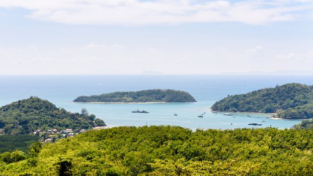 Beautiful landscape high angle view Andaman Sea and bay of Koh Tapao Noi in Phuket Island from Khao-Khad viewpoint famous attractions of Thailand, 16:9 Wide Screen