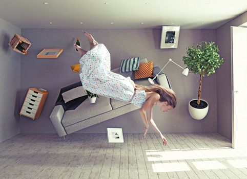 young beautiful lady fly in zero gravity room. Photo combination creative concept