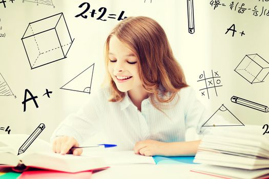 education and school concept - little student girl studying at school