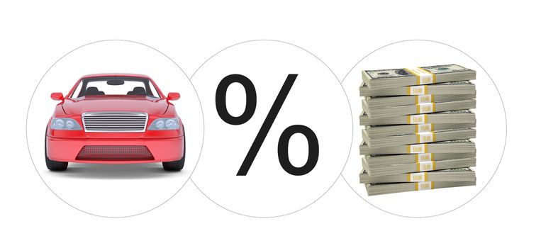 Car with percent and bundle of money on isolated white background