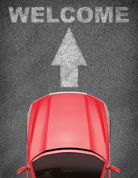 Red car on grey texture background with arrow and word welcome, top view