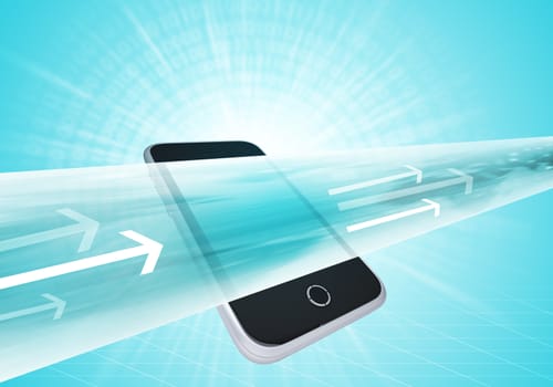 Virtual smartphone with wide line and arrows on abstract background