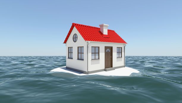 House on island in sea under blue sky