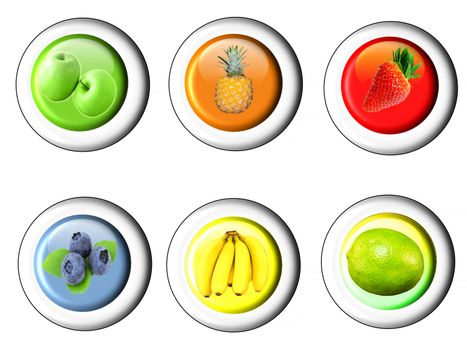 A set of round buttons, rounded and shaded. With various fruit photos.