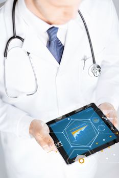 medicine, technology and people concept - close up of doctor holding tablet pc with ghaph on screen