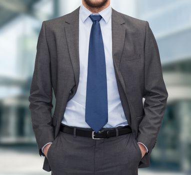 business and people concept - close up of businessman standing over business center background