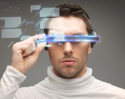 future, technology and people concept - man in futuristic glasses