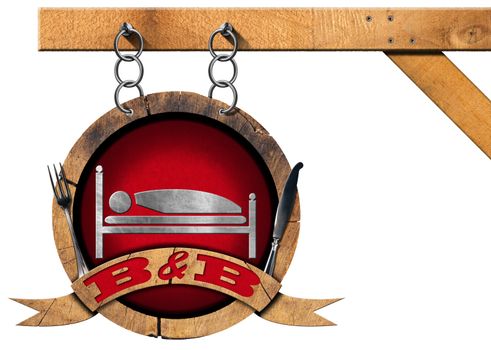 Wooden sign with text B&B (Bed and Breakfast) and cutlery. Hanging from a metal chain and isolated on white background