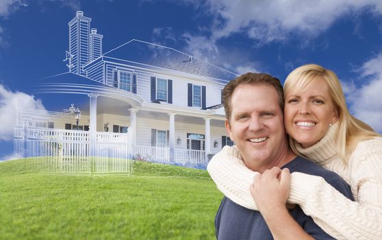 Hugging Couple with Ghosted House Drawing, Partial Photo and Rolling Green Hills Behind.