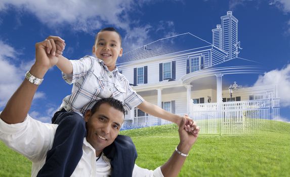 Hispanic Father and Son Piggyback with Ghosted House Drawing, Partial Photo and Rolling Green Hills Behind.