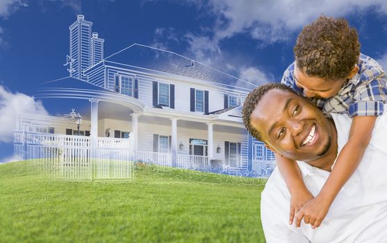 Mixed Race Father and Son Piggyback with Ghosted House Drawing, Partial Photo and Rolling Green Hills Behind.