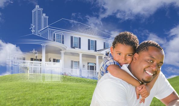 Mixed Race Father and Son with Ghosted House Drawing, Partial Photo and Rolling Green Hills Behind.