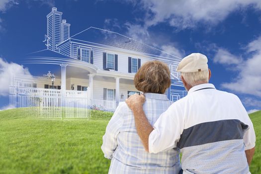 Senior Couple Faces Ghosted House Drawing, Partial Photo and Rolling Green Hills Behind.