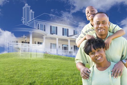 Happy African American Family with Ghosted House Drawing, Partial Photo and Rolling Green Hills Behind.