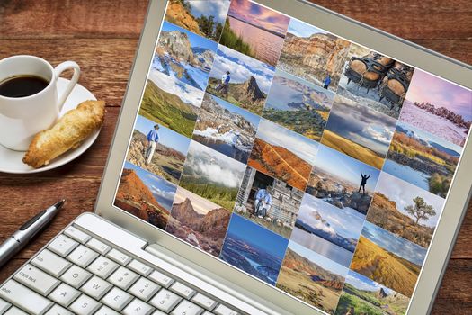 picture gallery from hiking mountains and foothills of northern Colorado featuring the same male hiker - reviewing and editing pictures on a laptop with a cup of coffee