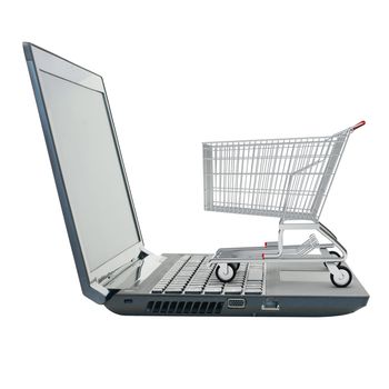 Shopping cart on laptop on isolated white background