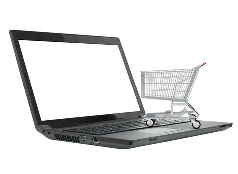 Shopping cart on laptop with blank screen on isolated white background