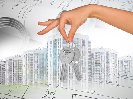 Buildings with hand holding keys on abstract background with drafts