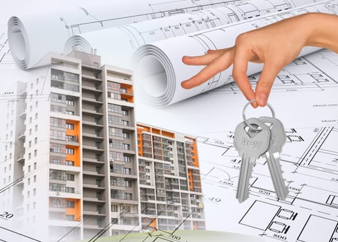 Buildings with hand holding keys on abstract background with drafts