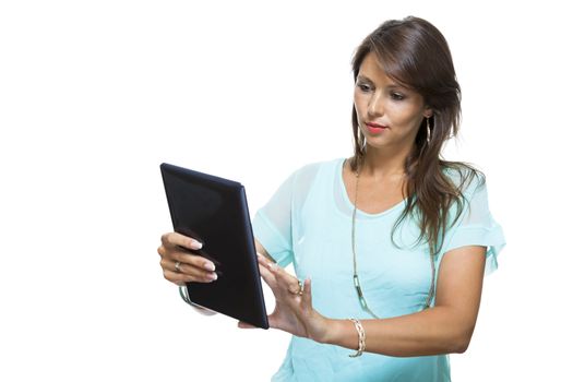 Close up Pretty Young Woman Browsing at her Black Tablet Computer, Isolated on White Background.