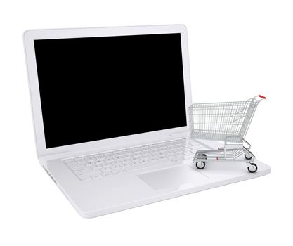 Shopping cart on laptop with black screen on isolated white background