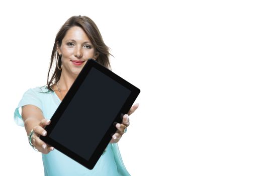 Close up Pretty Young Woman Browsing at her Black Tablet Computer, Isolated on White Background.