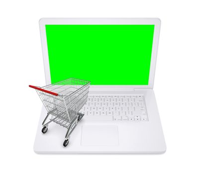 Shopping cart on laptop with green screen on isolated white background