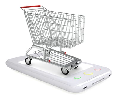 Shopping cart on smartphone on isolated white background