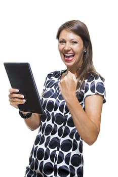 Portrait of a Smiling Lady in an Elegant Printed Dress Holding a Tablet Computer with Copy Space While Looking at the Camera. Isolated on White Background.
