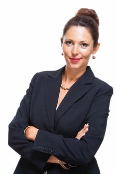 Portrait of a Confident Young Businesswoman in Black Suit, Smiling at the Camera with Arms Crossing Over her Stomach, Isolated on White Background