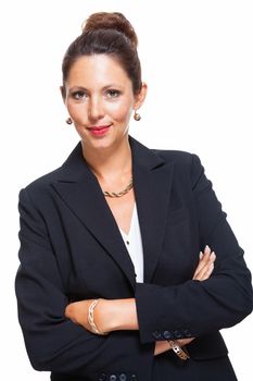 Portrait of a Confident Young Businesswoman in Black Suit, Smiling at the Camera with Arms Crossing Over her Stomach, Isolated on White Background