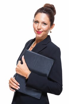 Portrait of an Attractive Young Businesswoman in Black Suit, Holding a File Folder and Smiling at the Camera. Isolated on White Background.